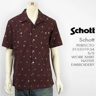 日单男士 潮牌schott重磅绉纱刺绣复古短袖衬衫上衣22夏宽松