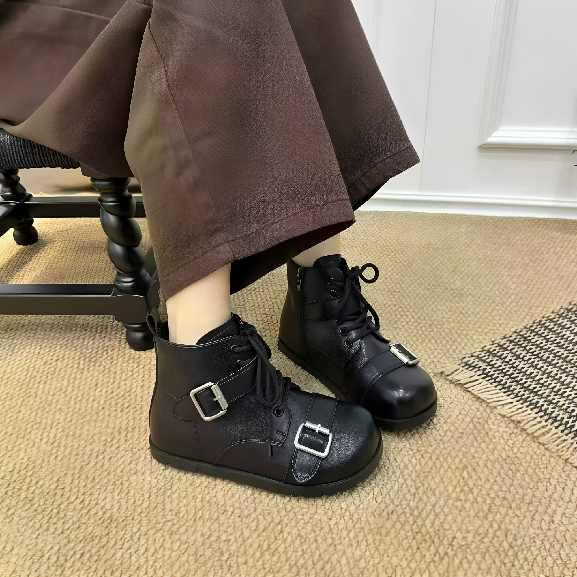 韩版冬季机车皮带扣低跟女短靴