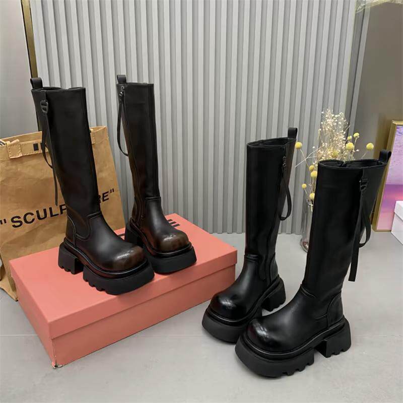 韩版马丁靴厚底松糕烟筒靴小个子不过膝长筒靴擦色机车靴加绒女鞋