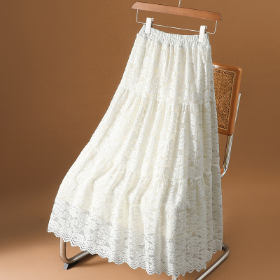 杏色蕾丝加绒半身裙2025秋冬新款高腰显瘦A字裙遮跨大摆长裙子