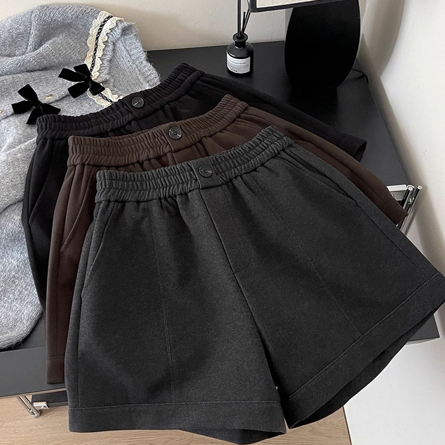 高腰毛呢a字短裤女秋冬外穿裤子2025新款休闲裤女裤显瘦阔腿裤潮