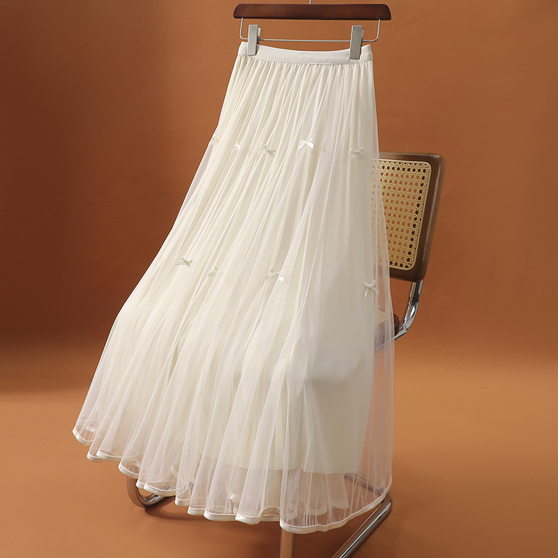 蝴蝶结网纱半身裙高腰a字中长裙