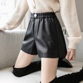 宽松阔腿a字显瘦高腰打底靴裤 黑色皮短裤 女秋冬外穿2025加厚新款