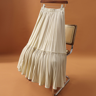 垂感丝绒百褶裙女2025秋冬新款 遮跨显瘦a字长裙 拼接半身裙中长款