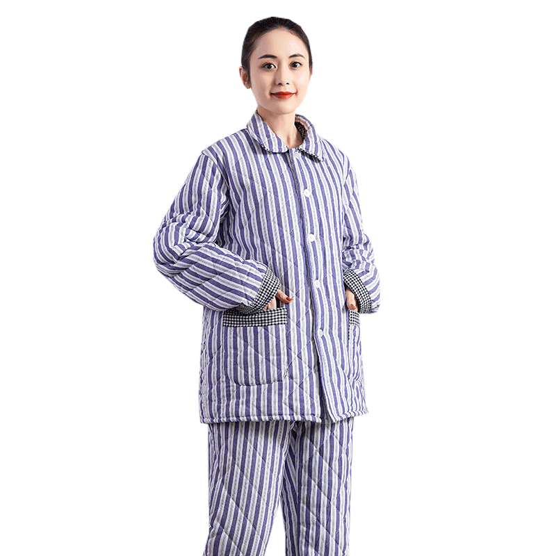 蓝白条加厚保暖棉袄病号服