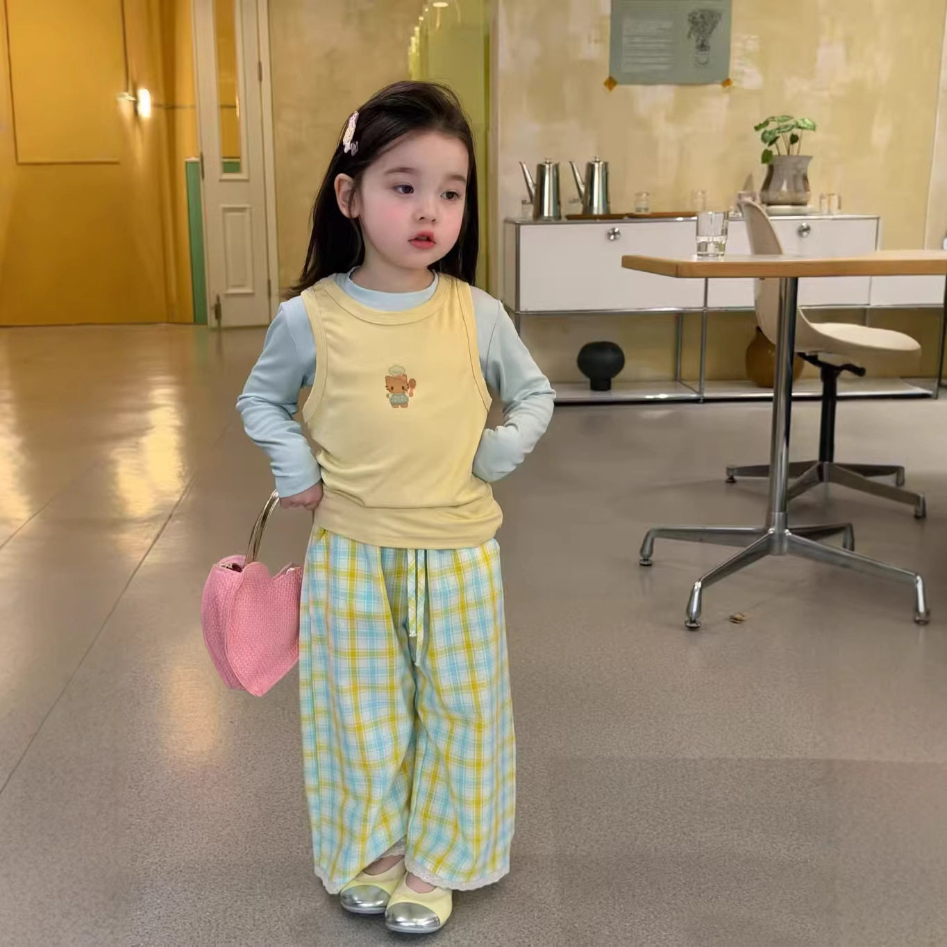女童春夏韩范洋气黄色背心裤套装
