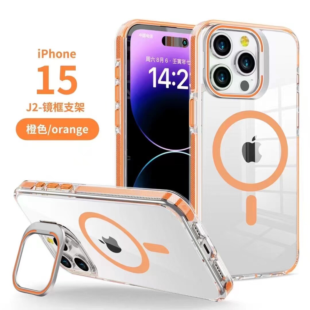 适用苹果iPhone15Promax亮彩j2金属护镜支架手机壳Magsafe磁吸充电