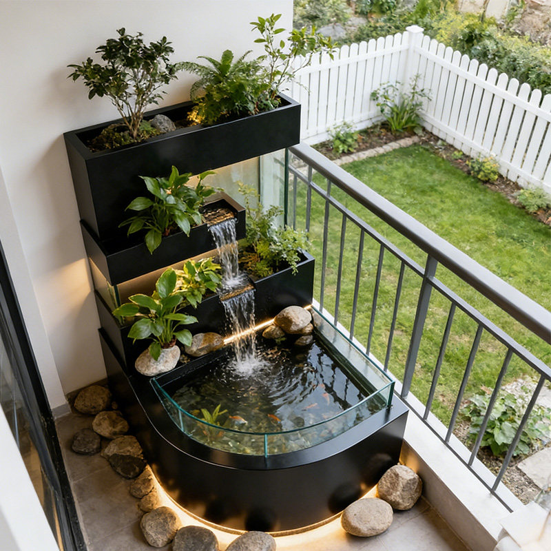 阶淑月阳台不锈钢鱼池花箱金属流水摆件室外露台庭院水景瀑布