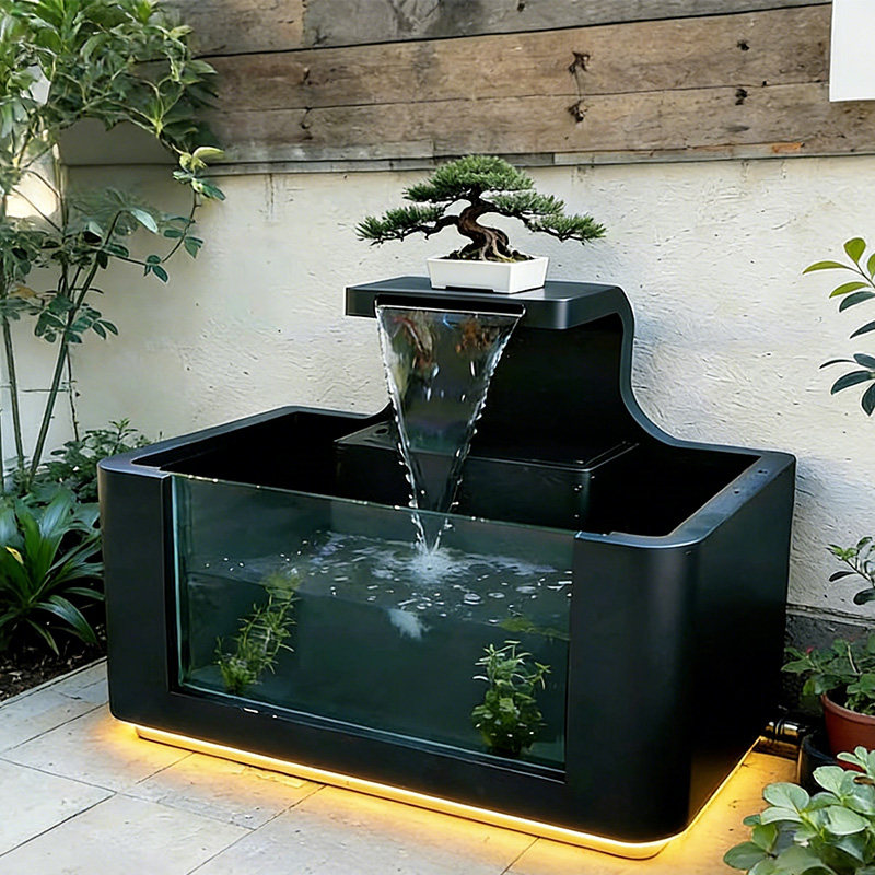 墨青池阳台不锈钢鱼池花箱金属流水摆件室外露台庭院水景瀑布