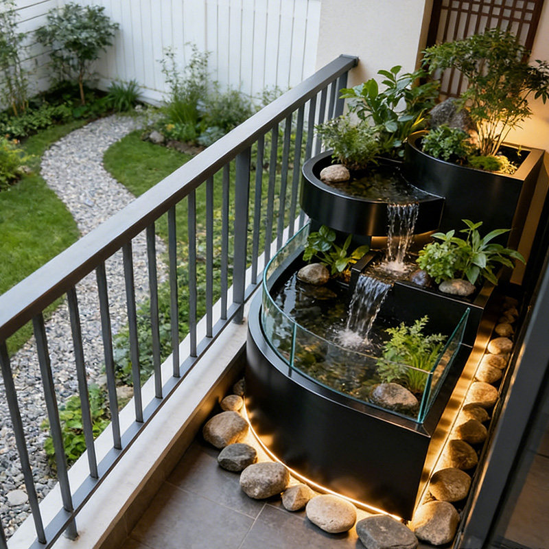 瀑璃花台阳台不锈钢鱼池花箱金属流水摆件室外露台庭院水景瀑布