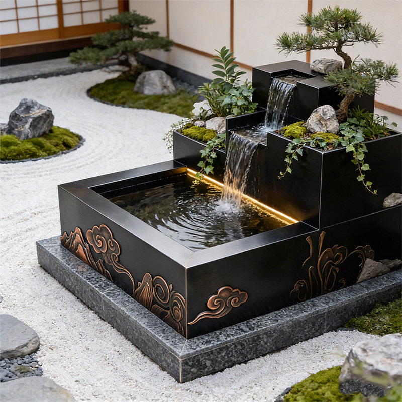 纹松涧阳台不锈钢鱼池花箱金属流水摆件室外露台庭院水景瀑布