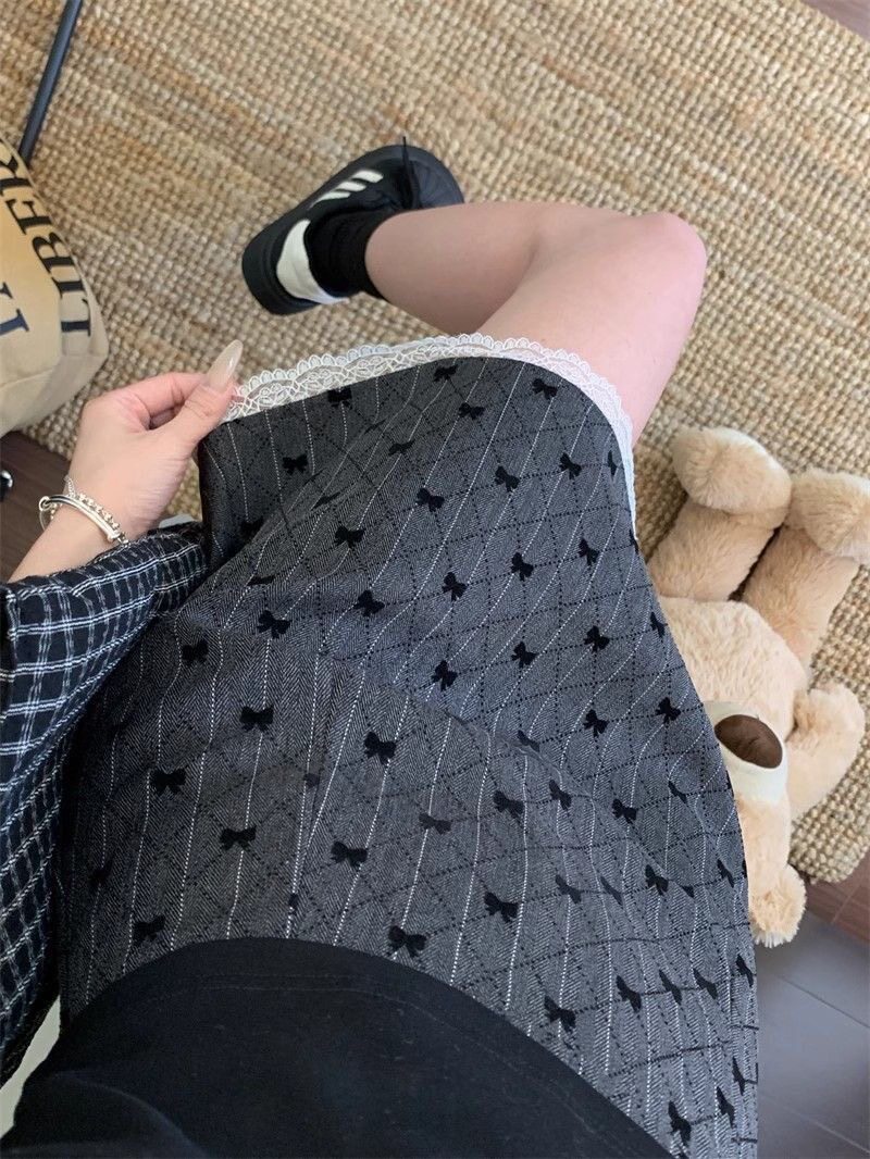 灰色蝴蝶结蕾丝花边半身裙女夏季辣妹包臀短裙百搭高腰波点a字裙