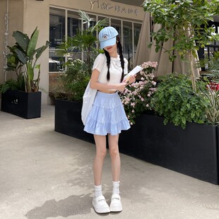 蓝色高腰半身裙女a字防走光春夏季 学院风简约百褶休闲蛋糕短裙子