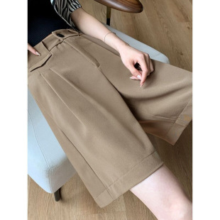 高腰宽松显瘦阔腿字直筒五分中裤 卡其色西装 薄款 女夏季 面料短裤