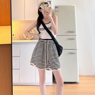 高腰显瘦宽松五分阔腿休闲裤 条纹运动短裤 2026新款 薄款 女外穿夏季