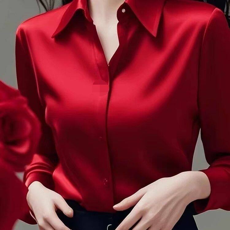 新款高级长袖春秋缎面衬衫女防晒外穿显瘦职业装设计垂感宽松上衣