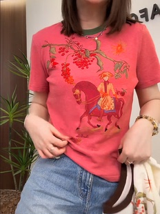 减龄亚麻丹麦油画上衣女 潮牌圆领拼接短袖 t恤女2024夏季 新款 时尚