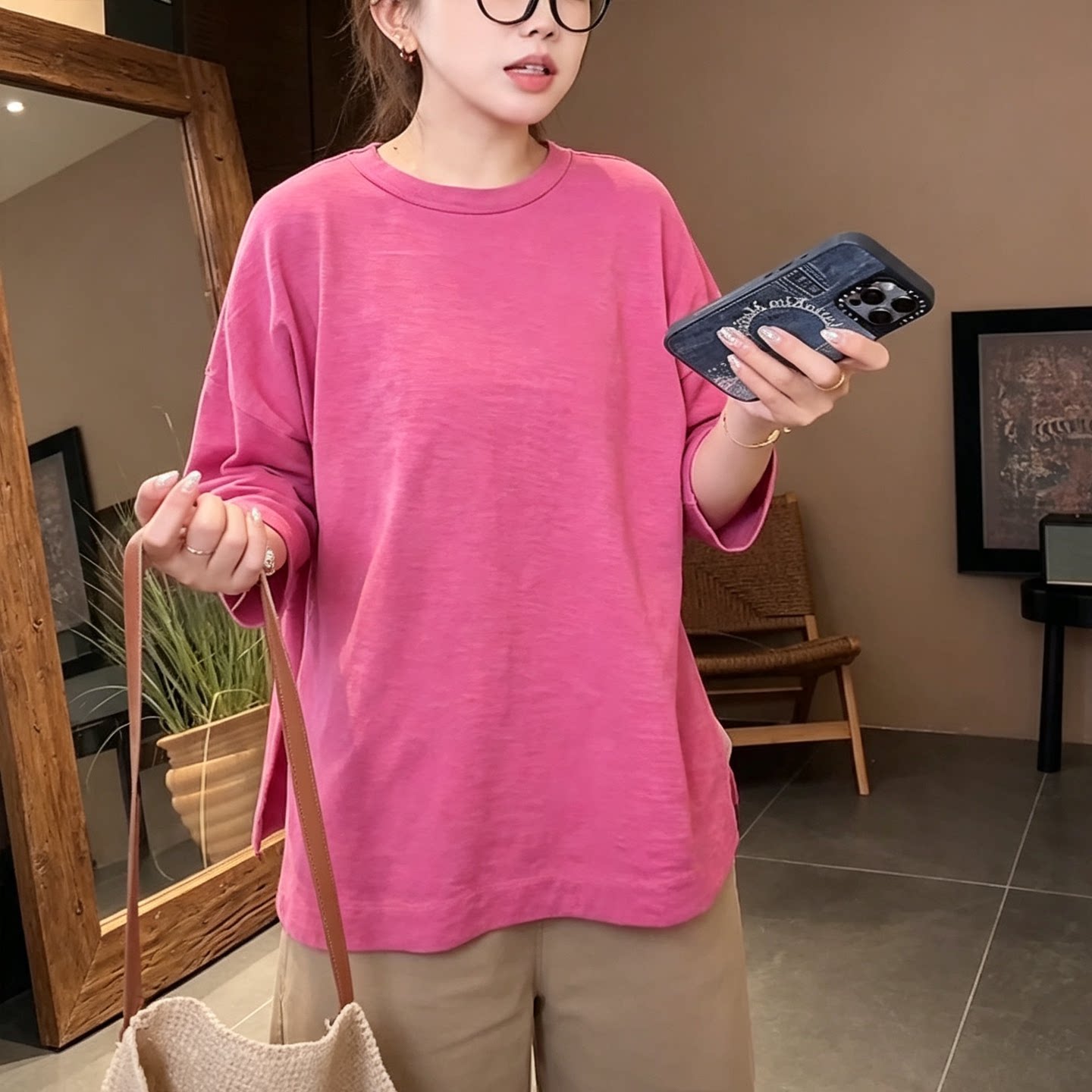 夏季潮牌七分袖开叉透气女T恤