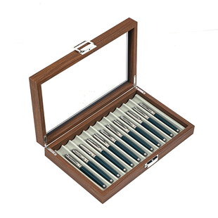 大容量透明钢笔收纳盒黑胡桃木纹复古文具笔收纳展示箱子防尘柜盒
