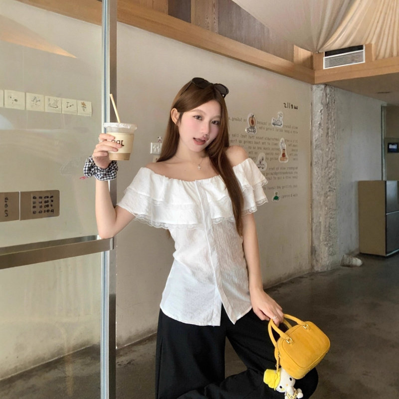 实拍双层荷叶边上衣显瘦蕾丝拼接