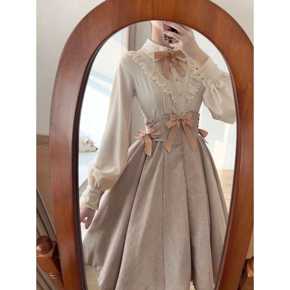 Lolita风甜美减龄衬衫收腰绑带蝴蝶结半身裙气质设计感套装裙女春图片