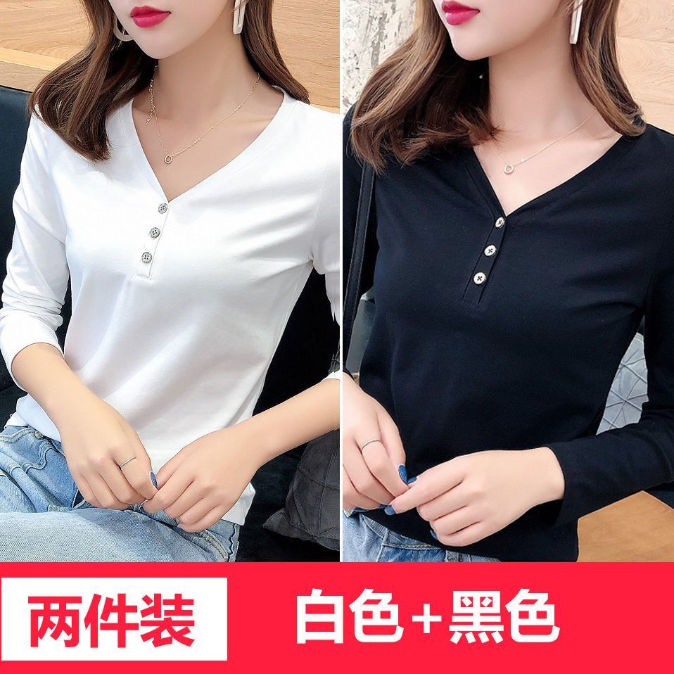 春秋新款女装t恤长袖上衣女人纯色钮扣时尚洋气修身显瘦V领打底衫
