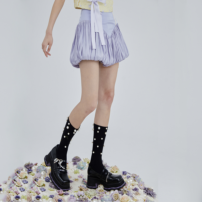 高腰南瓜短裤薄珍珠花边