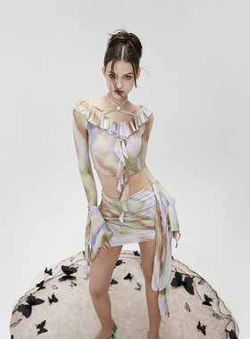 MildRate原创辣妹V领晕染弹力网荷叶边上衣+褶皱低腰半裙性感套装