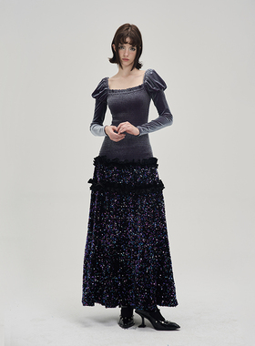 MildRate 叛逆千金 天鹅颈低领双色丝绒亮片拼接修身显瘦连衣裙