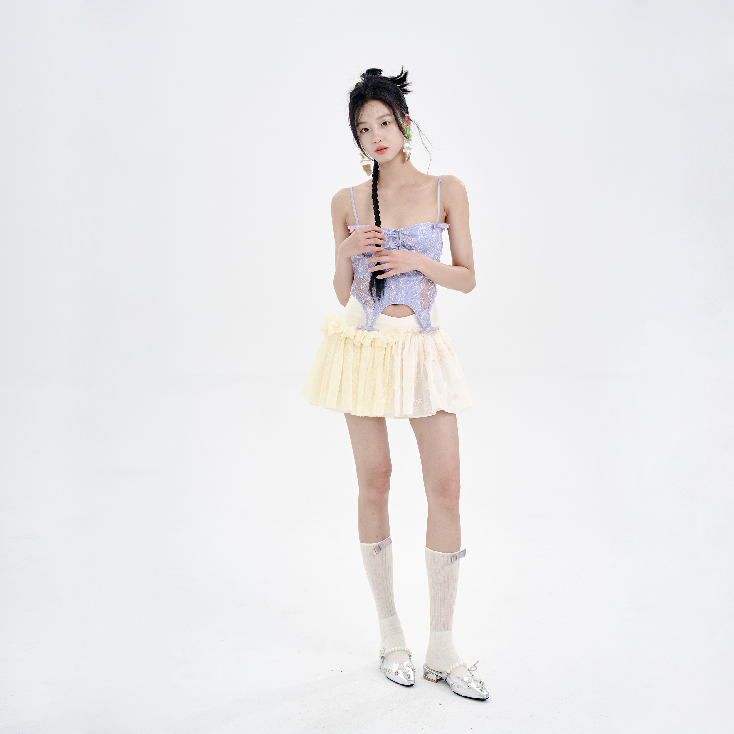 少女感V型腰拼接半身裙