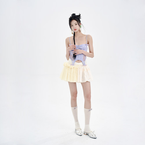 少女感V型腰拼接半身裙