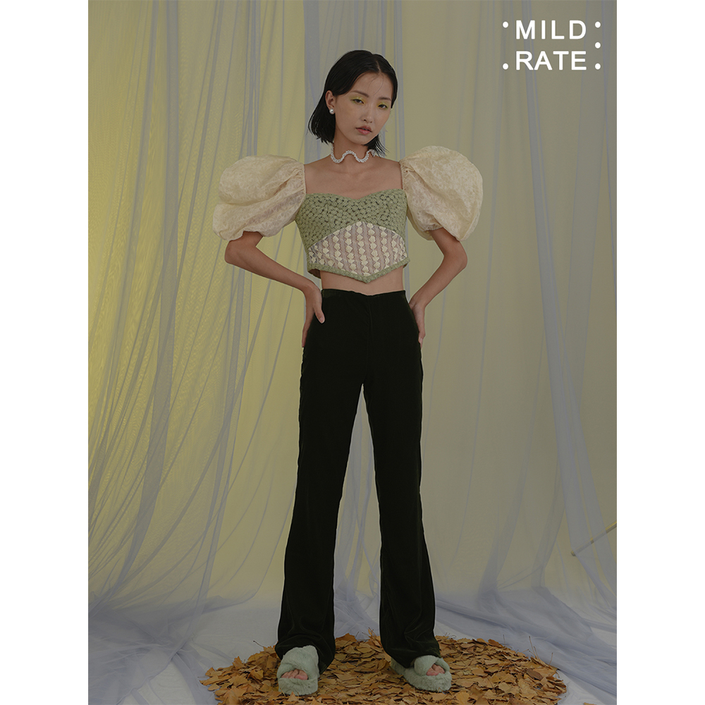 MILDRATE高腰橄榄绿微喇长裤