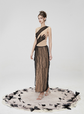 MildRate原创 浪漫的拥抱 浅咖后背镂空可脱卸修身显瘦长款连衣裙