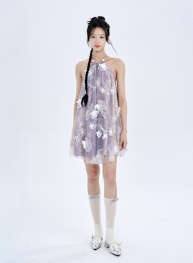 MildRate原创  浮光掠影灰紫色挂脖美背连衣裙度假风立体花短裙