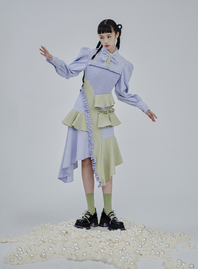 MildRate原创 浪漫少女浅紫撞色不规则拼接连衣裙收腰显瘦