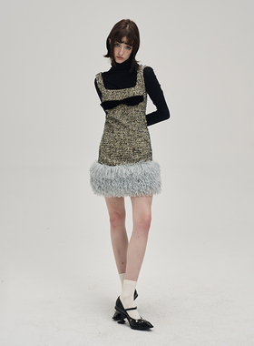 MildRate 叛逆千金 蝴蝶结可脱卸毛边修身连衣裙编织小香风新款