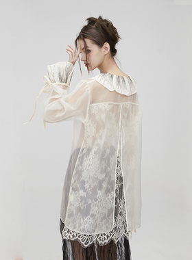 MildRate原创 设计感米白色真丝欧根纱拼接蕾丝衬衫 夏新款