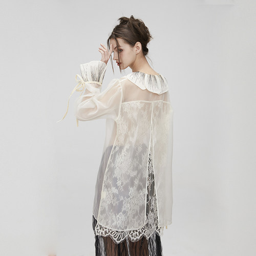 MildRate真丝欧根纱蕾丝拼接衬衫