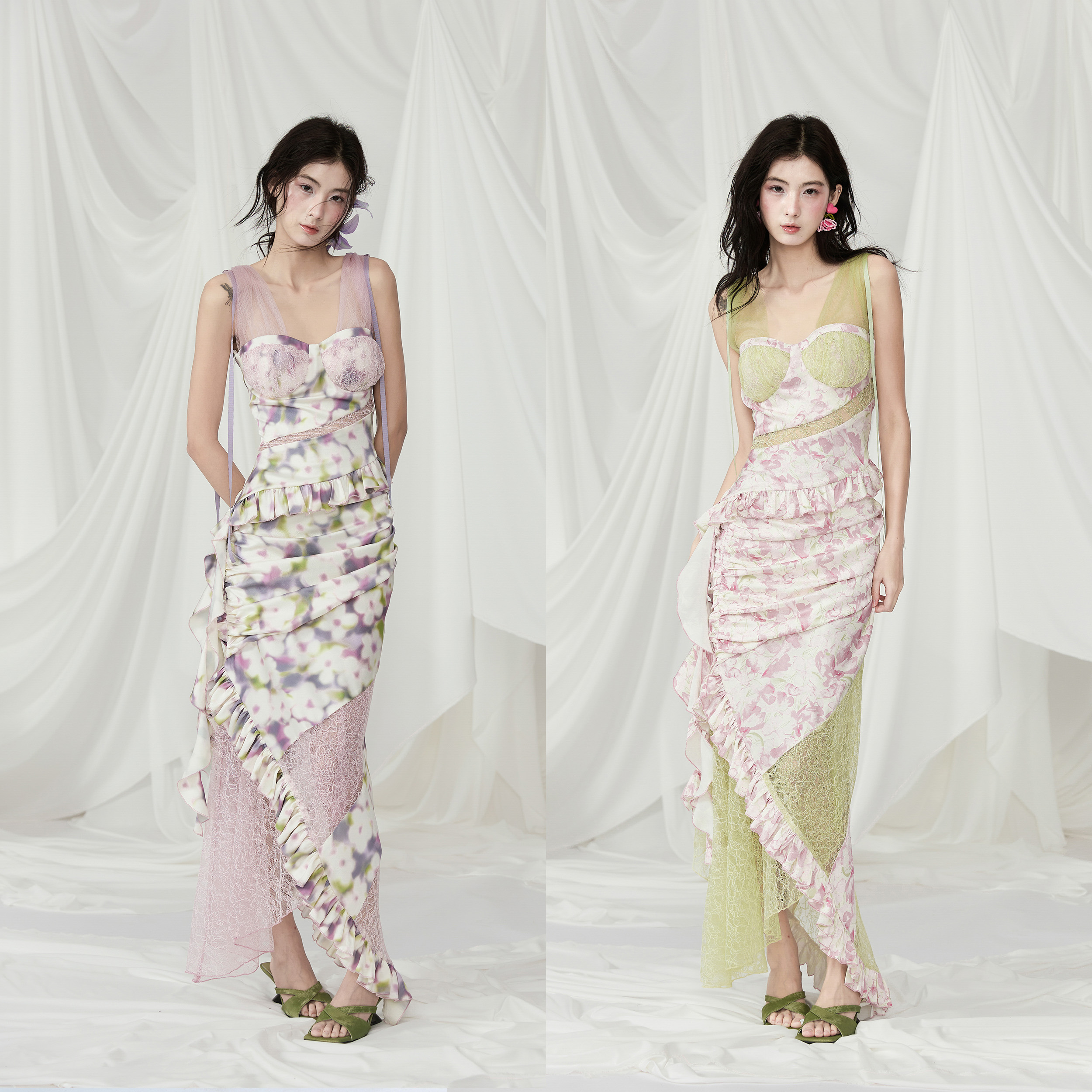 蕾丝拼接不规则胸衣吊带上衣半裙