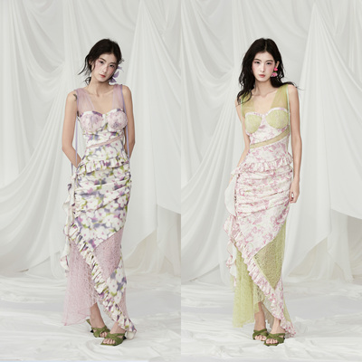 蕾丝拼接不规则胸衣吊带上衣半裙