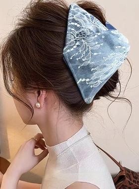 牛仔蓝色纹理三角抓夹女2025新款发夹高级感后脑勺鲨鱼夹发卡头饰