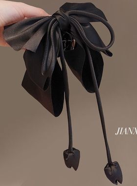 韩国进口黑色缎面布艺蝴蝶结马尾抓夹花苞飘带气质后脑勺发抓