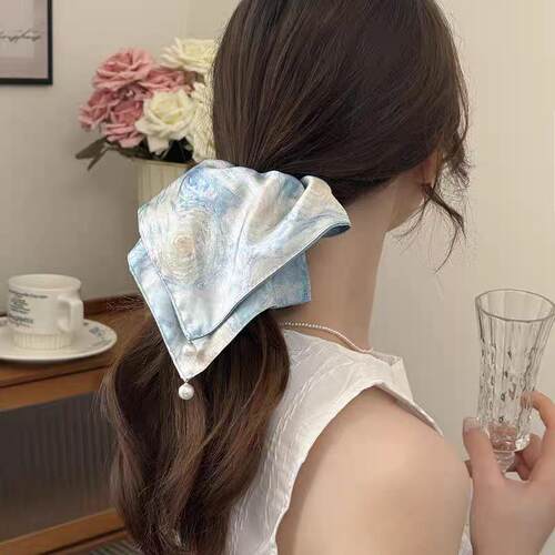 高级感缎面油画双面珍珠方巾大肠发圈女方形扎头发皮筋低马尾发绳