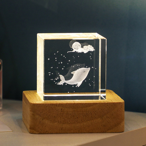 发光方体水晶小摆件海洋生物夜灯