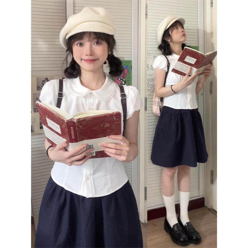 藏蓝色半身裙女夏日漂亮字中裙五分裙日系古早风裙子日杂风穿搭