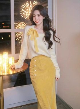 新款小香风套装富家千金奶fufu慵懒黄色蝴蝶结毛衣内搭两件套裙装