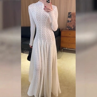 2025早春长袖修身大摆伞裙hj名媛气质蕾丝透视长袖连衣裙长款