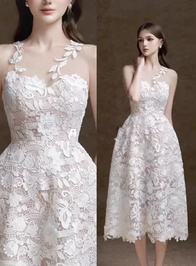 越南小众25新品重工水溶hj立体白蕾丝花边长裙订婚礼服连衣裙