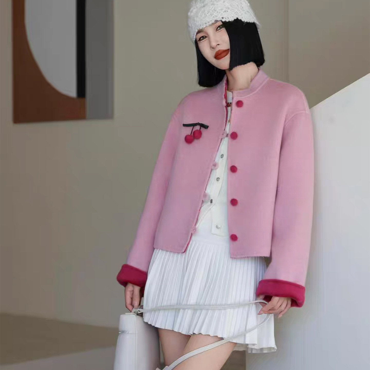 直秋冬新中式国风双面羊绒大衣女短款2025新款撞色立领毛呢外套