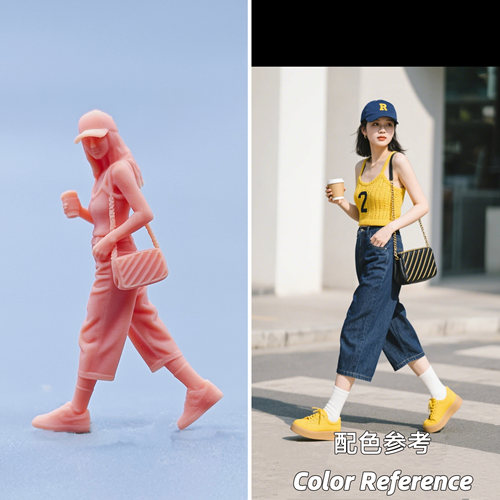 【嗯哼模型】现货1:64人偶1:43微缩白模 走姿戴帽子喝咖啡女 D702